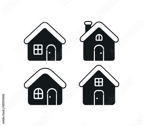 Flat vector illustration 4 winter house silhouettes with simple roof snow caps rounded forms clean outline
