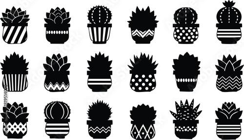 Collection of diverse cactus and succulent plant silhouettes in minimalist black style for botanical and nature design projects 