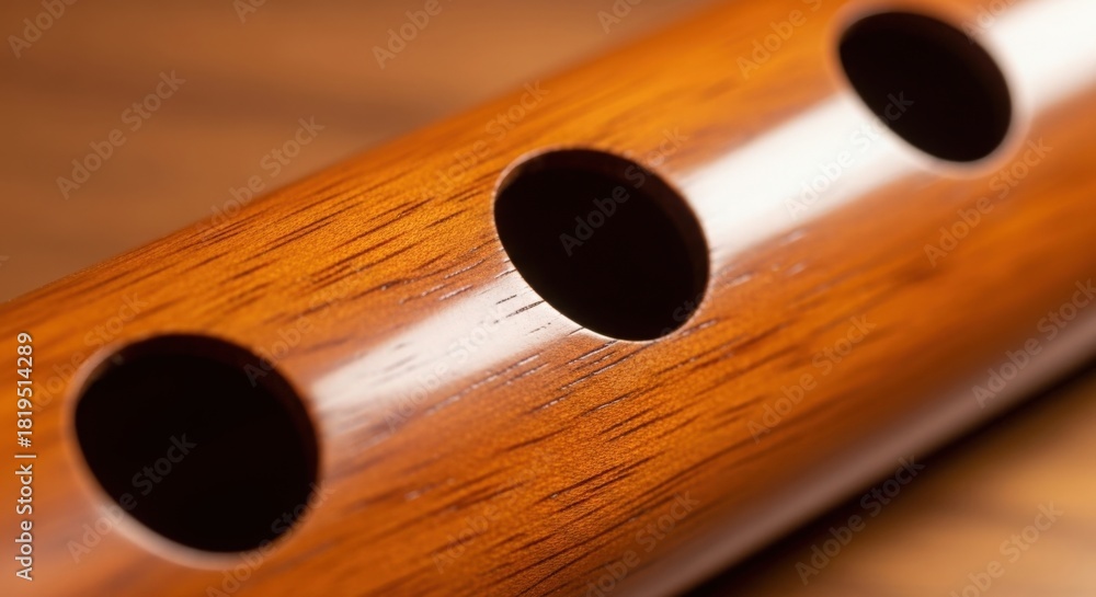 Naklejka premium Close up of wooden flute with finger holes music instrument woodwind instrument for sale online