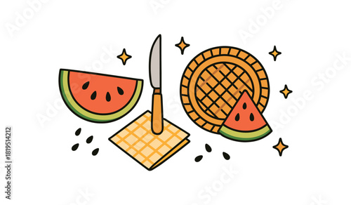 Cozy summer flat vector illustration collection of cute seasonal icons watermelon slice seeds picnic plate knife napkin tiny stars arranged horizontal composition handdrawn outlines bright