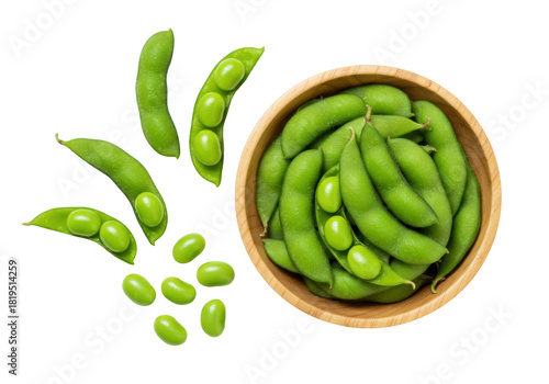 Fresh green edamame soybeans (in pods, shelled) scattered around a light wood bowl on transparent background, top-down flat lay. Concept of healthy food and natural freshness
