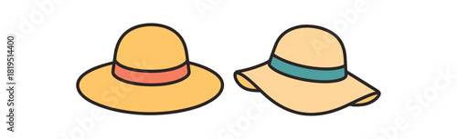 Flat vector illustration 2 summer sun hats with simple decorative bands soft rounded shapes colorful palette clean outline