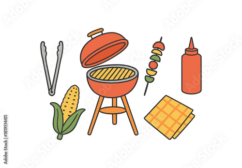 Cozy summer flat vector illustration collection of cute seasonal icons barbecue grill tongs corn on cob veggie skewers ketchup bottle icon (blank) napkin arranged horizontal composition