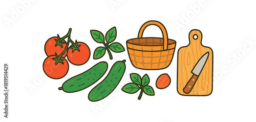 Cozy summer flat vector illustration collection of cute seasonal icons tomato bunch cucumbers basil sprig garden basket knife cutting board arranged horizontal composition handdrawn