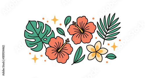 Cozy summer flat vector illustration collection of cute seasonal icons hibiscus blooms monstera leaf palm frond plumeria tiny stars dots arranged horizontal composition handdrawn outlines