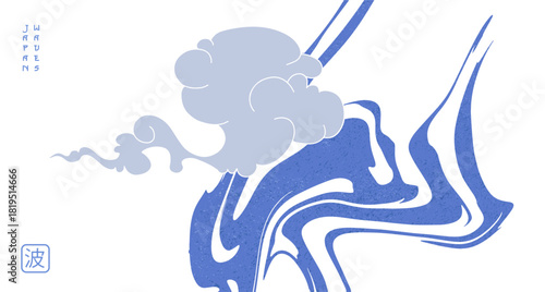 Minimal Japanese banner template with blue brushstroke wave texture in vintage style with hand drawn cloud. Abstract art landscape banner design with watercolor texture vector. Marine concept.