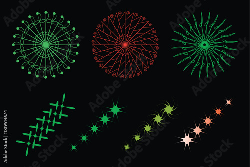 Colorful bright starburst fireworks light up the black night sky for a festive celebration design