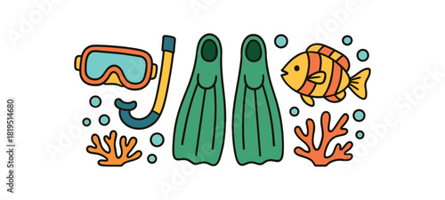 Cozy summer flat vector illustration collection of cute seasonal icons snorkel mask snorkel tube swim fins coral tropical fish icons bubbles arranged horizontal composition handdrawn