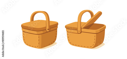 Flat vector illustration 2 summer picnic baskets with minimal stitched accents rounded forms