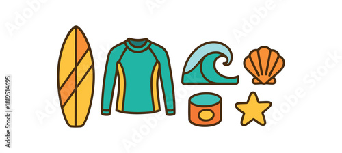 Cozy summer flat vector illustration collection of cute seasonal icons surfboard surf wax rash guard wave icon arranged horizontal composition handdrawn outlines bright color palette