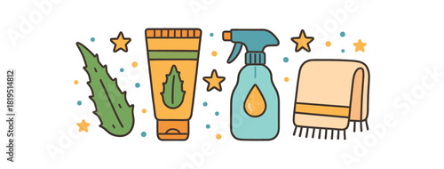 Cozy summer flat vector illustration collection of cute seasonal icons aftersun care: aloe leaf cooling gel tube water spray cotton towel stars dots arranged horizontal composition