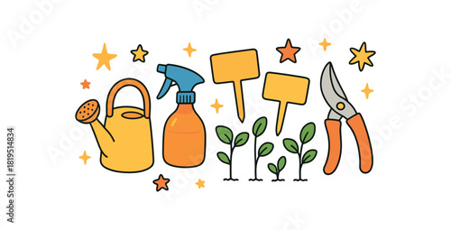Cozy summer flat vector illustration collection of cute seasonal icons watering can spray mister pruning shears plant labels (blank) sprouts stars arranged horizontal composition handdrawn