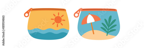 Flat vector illustration 2 beach pouches with simple prints rounded silhouettes colorful palette