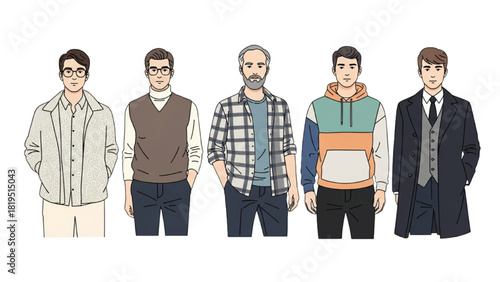 Vector Set of Five Stylish Men Characters Wearing Different Casual and Formal Fashion Outfits Isolated on White Background