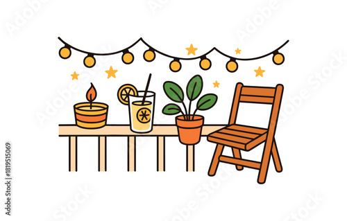 Cozy summer flat vector illustration collection of cute seasonal icons evening balcony: string lights citronella candle lemonade glass plant pot chair stars arranged horizontal composition