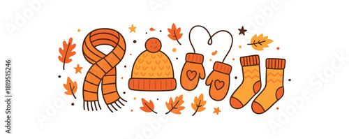 Cozy autumn flat vector illustration collection of cute seasonal icons scarf knitted hat mittens warm socks leaf confetti stars arranged horizontal composition handdrawn outlines bright