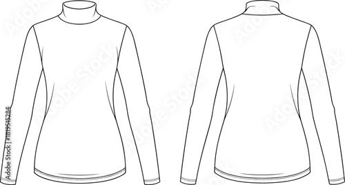 Women’s classic turtleneck long-sleeve top with clean minimal silhouette, fitted winter layering essential technical fashion flat vector illustration