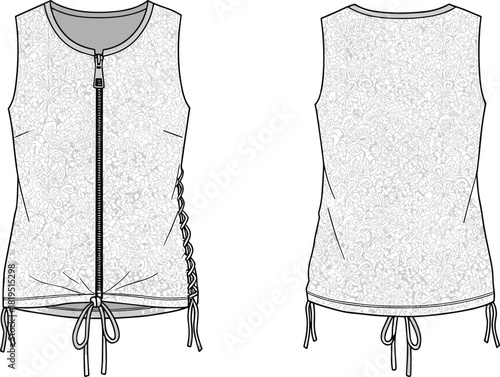 Sleeveless lace-up women’s vest with front zipper, floral textured fabric pattern, fashion technical flat sketch, garment design illustration