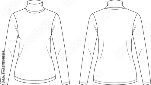 Women’s fitted turtleneck long-sleeve top with clean minimal silhouette, classic winter layering essential, technical fashion flat vector illustration