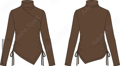 Women’s long-sleeve turtleneck top with angled asymmetric hem and ruched drawstring sides, stylish technical fashion flat vector illustration