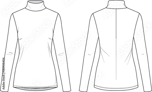 Women’s long-sleeve turtleneck top with back seam detail, clean fitted silhouette, essential winter layering technical fashion flat illustration