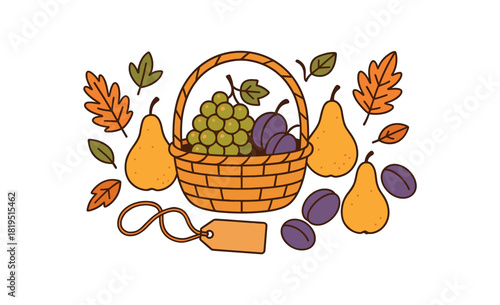 Cozy autumn flat vector illustration collection of cute seasonal icons harvest basket pears grapes plums leaves twine tag (blank) arranged horizontal composition handdrawn outlines bright