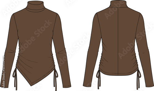 Women’s long-sleeve turtleneck top with asymmetric hem, ruched drawstring sides, stylish technical fashion flat vector garment illustration design