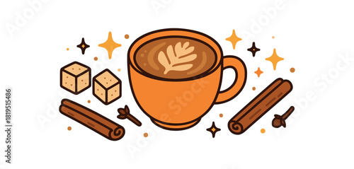 Cozy autumn flat vector illustration collection of cute seasonal icons latte cup latte art leaf cinnamon cloves sugar cubes sparkles arranged horizontal composition handdrawn outlines