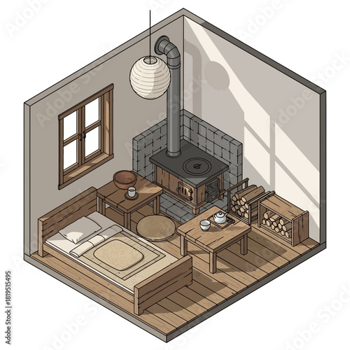 Isometric interior depiction cozy cabin space with rustic furniture elements