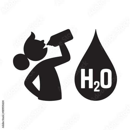 Person drinking water next to a large h2o droplet icon
