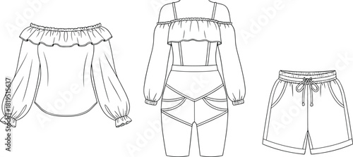 Women’s off-shoulder top, romper and drawstring shorts set with ruffled neckline details, technical fashion flat vector garment illustration