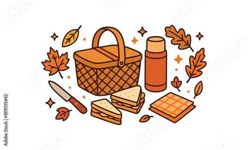 Cozy autumn flat vector illustration collection of cute seasonal icons picnic basket thermos sandwiches leaves knife napkins stars arranged horizontal composition handdrawn outlines bright