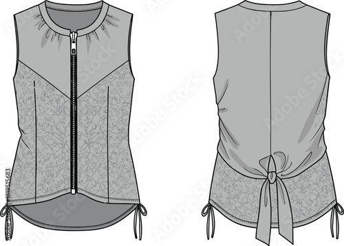 Women’s sleeveless zip-front top with contrast yoke, floral lower panels, ruched side ties, back waist tie fashion illustration