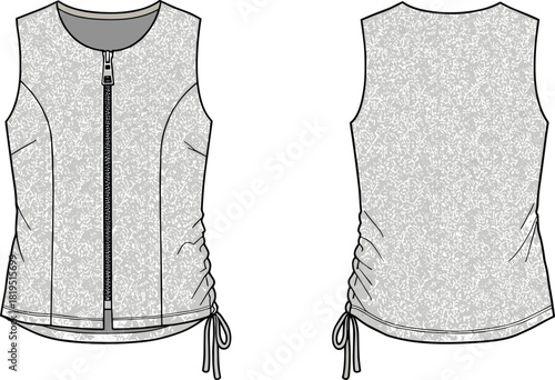 Women’s sleeveless top with zipper front, ruched side ties, floral texture, fashion technical flat apparel design illustration