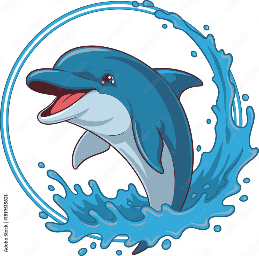 Obraz premium Cartoon dolphin jumping out of water within a circular frame.