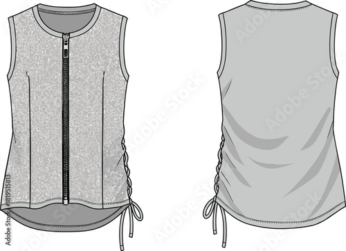 Women’s sleeveless zip-front top with floral front panel, ruched side ties, technical fashion flat vector garment illustration design