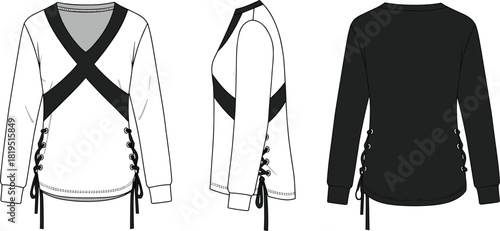 Women’s V-neck long-sleeve top with bold contrast X-front panel, lace-up side ties, fashion technical flat vector illustration