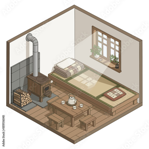 Serene isometric room with cozy ambiance and traditional japanese influence