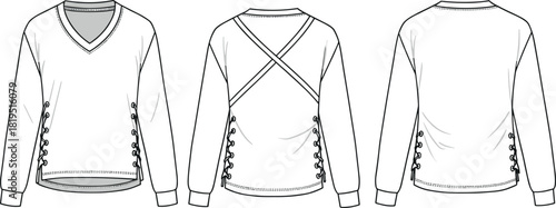 Women’s V-neck long-sleeve top with lace-up side details, crossed back straps, fashion technical flat vector garment illustration