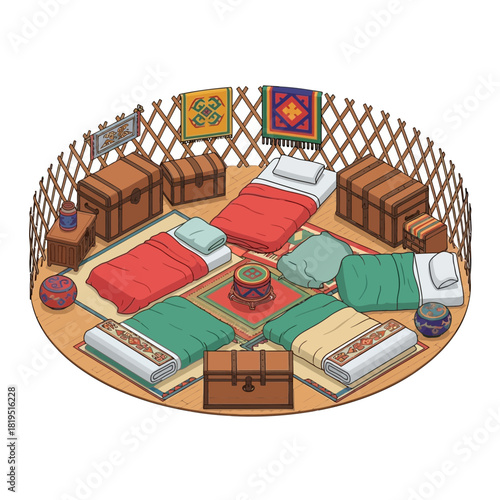 Cozy Yurt Interior with Traditional Furnishings and Comfortable Beds