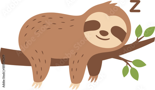 Cartoon sloth sleeping on a tree branch with green leaves.