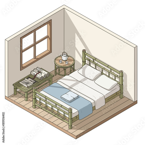 Isometric bedroom interior with bamboo furniture evoking serene contemplation