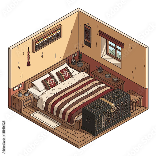 Isometric bedroom with ethnic decorations and cozy interior ambiance illustration
