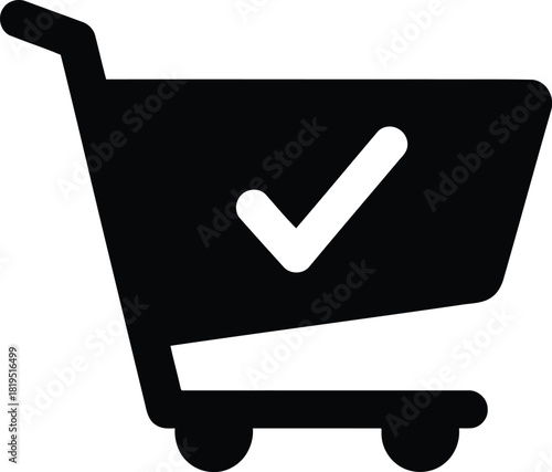 Shopping cart with checkmark icon. e commerce purchase confirmation, order success symbol.
