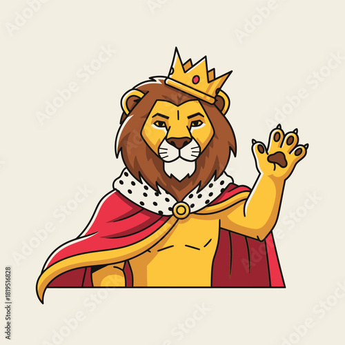 Cartoon lion wearing a crown and cape, waving its paw in a friendly gesture.