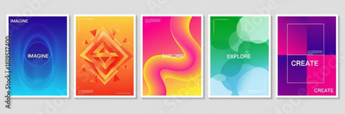 A set of five modern, colorful gradient posters with abstract designs and text elements. Each design incorporates minimalist typography and geometric