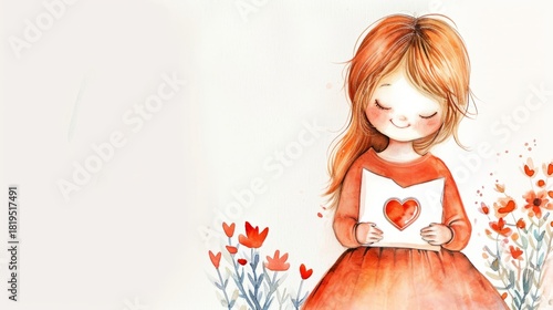 Watercolor illustration of a cute girl holding a love letter with a red heart. Happy child with flowers for Valentine's Day or Mother's Day greeting card. Copy space for text