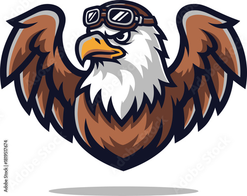 A powerful cartoon eagle mascot with spread wings, wearing vintage aviator goggles, looking forward with a determined expression.