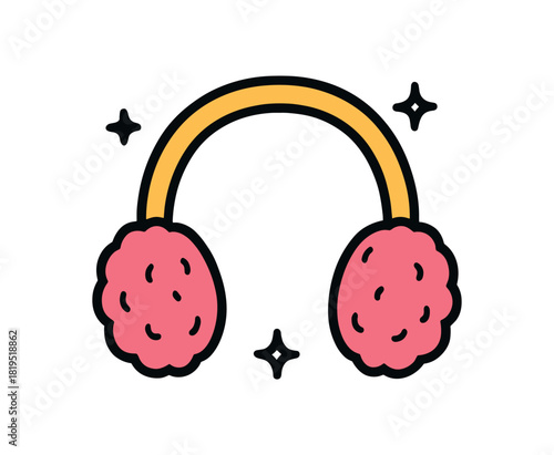 Cute doodle winter collection flat vector illustration bold handdrawn outlines bright solid fills isolated on white clean white space sticker style minimal detail earmuffs with soft pads