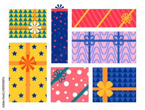 Cartoon Color Different Shapes Christmas Gift Boxes Set Top and Side View Xmas Celebration Concept Flat Design Style. Vector illustration